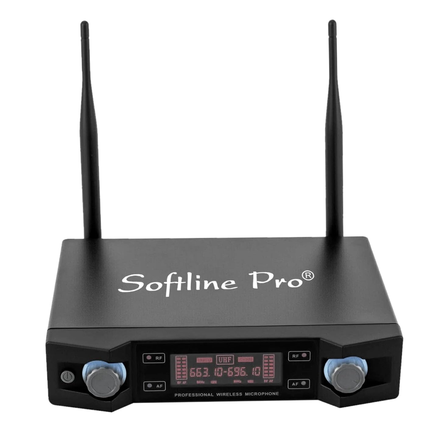 Black wireless microphone receiver with antennas and 'Softline Pro' branding on a white background