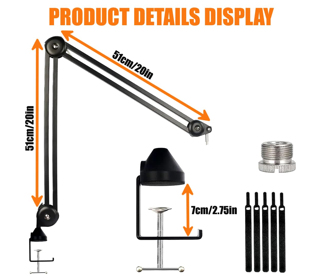 Close-up view of product dimensions and technical specs for Softline Pro mic arm stand, highlighting 360-degree adjustability and arm length in cm.