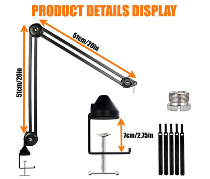 Close-up view of product dimensions and technical specs for Softline Pro mic arm stand, highlighting 360-degree adjustability and arm length in cm.