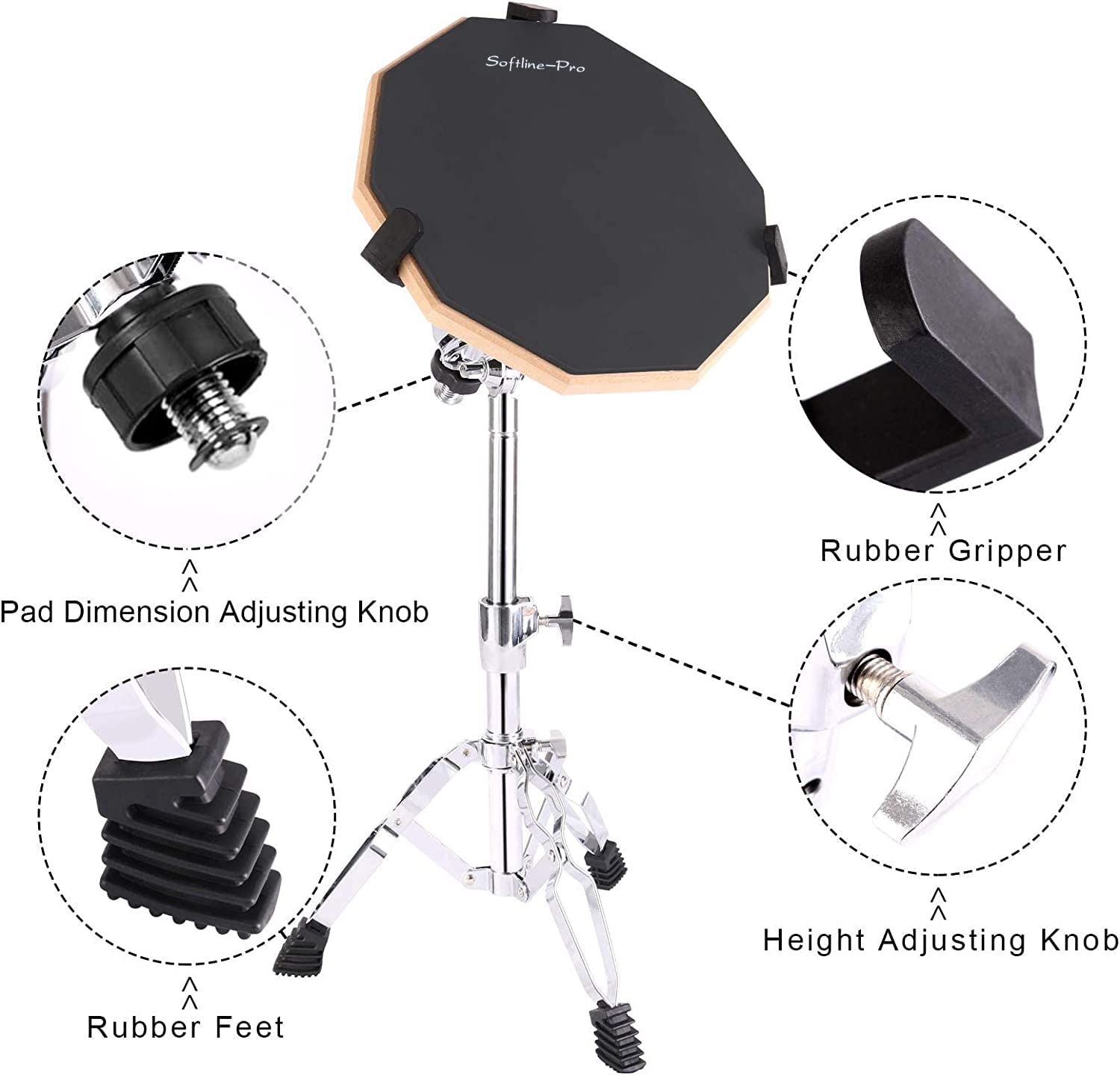 Drum practice pad with adjustable features labeled on a white background
