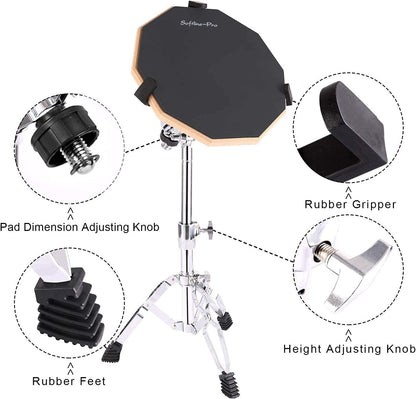 Drum practice pad with adjustable features labeled on a white background