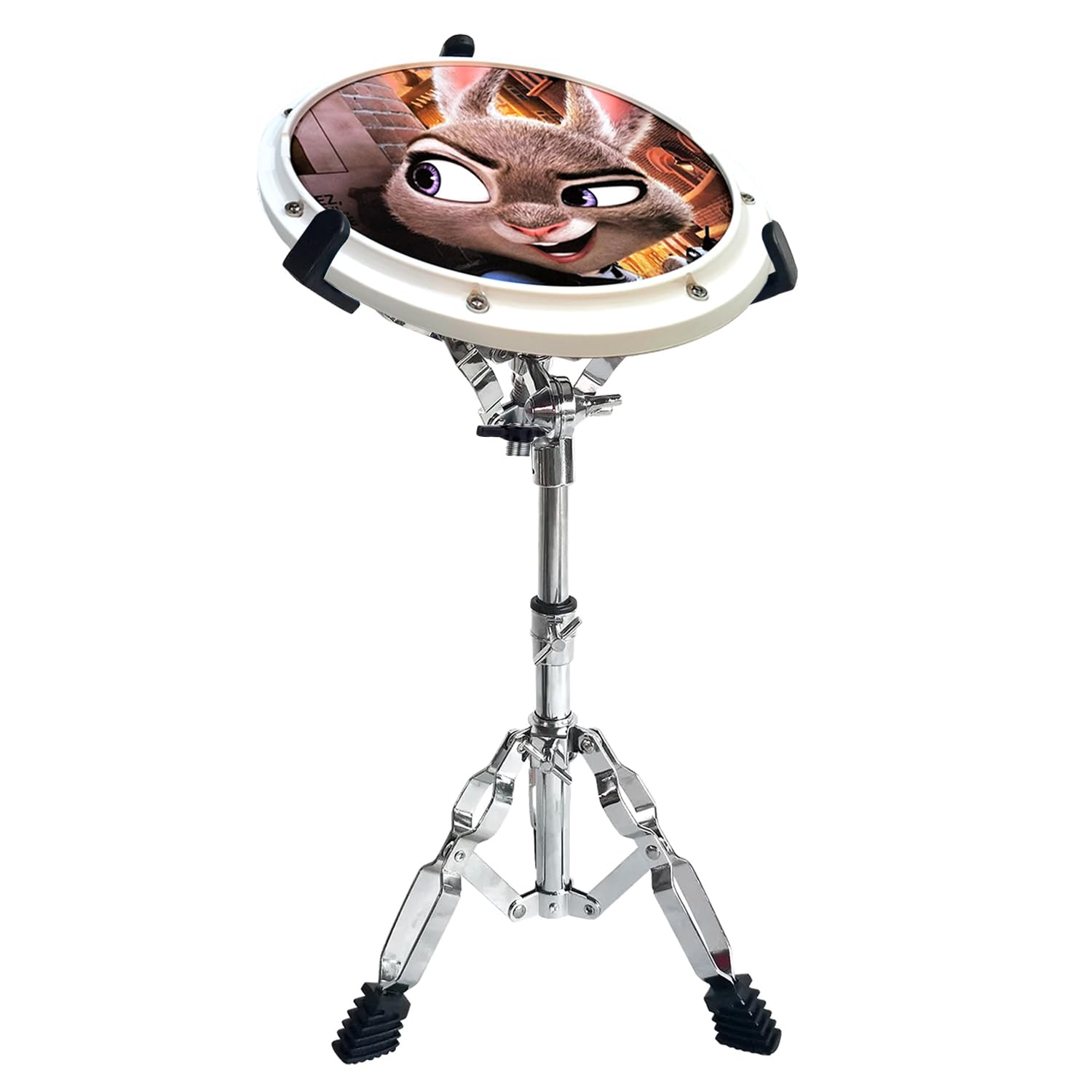 Drum practice pad with a cartoon character face on a white background