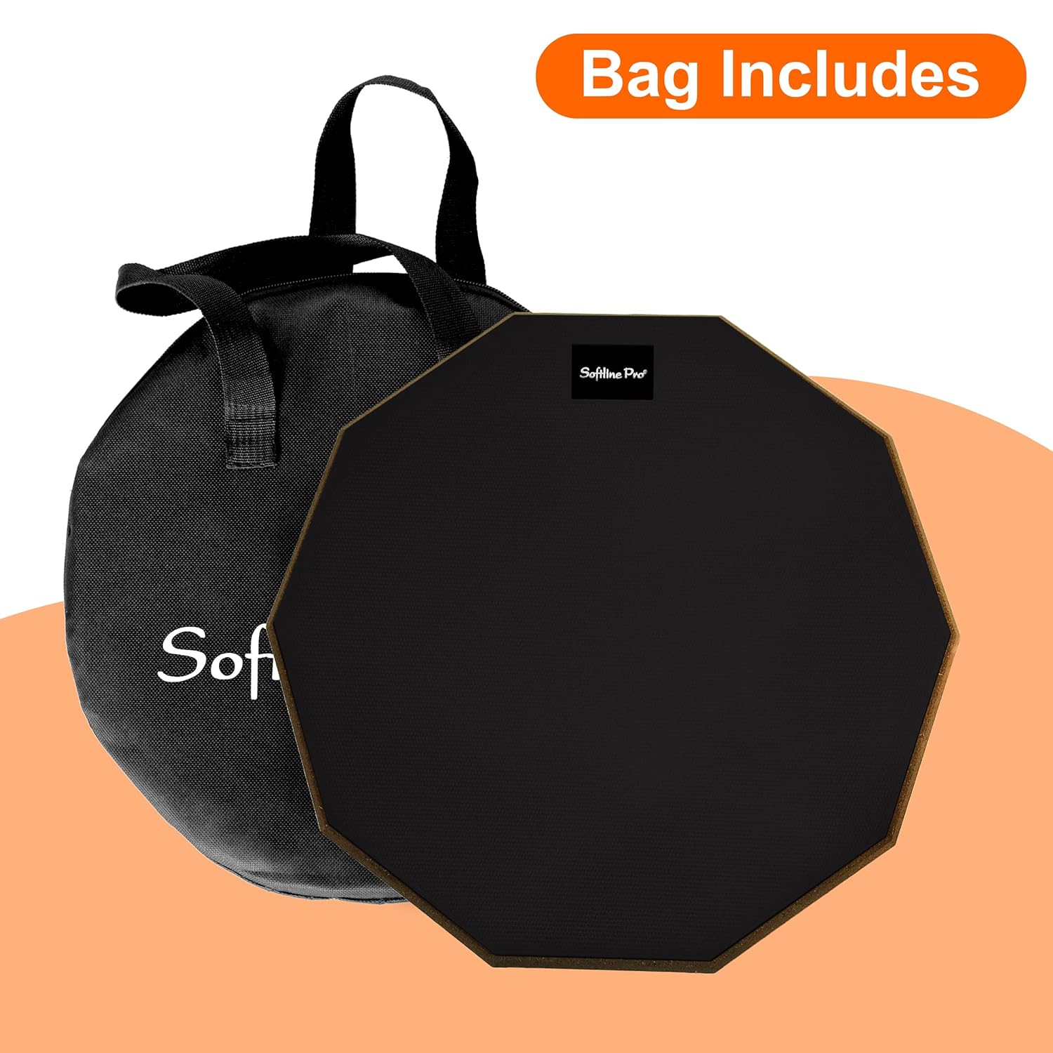Black octagonal softbox with carrying bag on a peach background