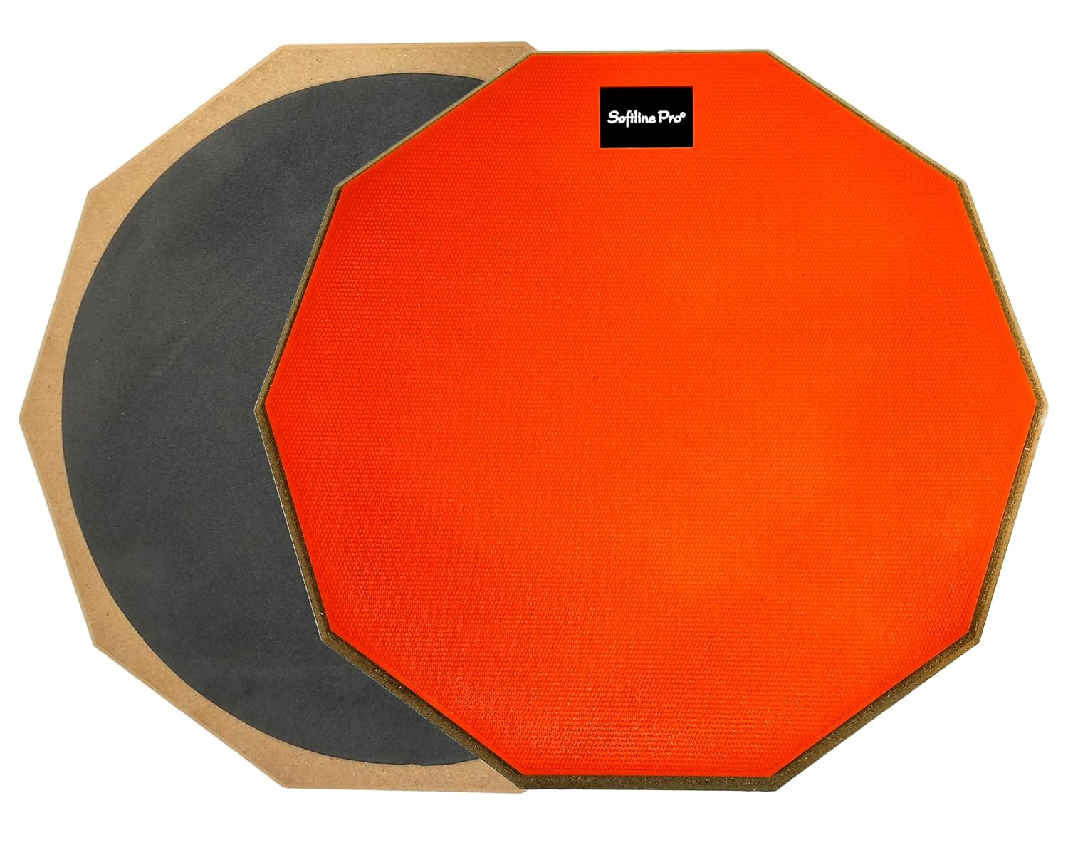 Two practice drum pads, one orange and one black, with 'Softmax Pro' branding.