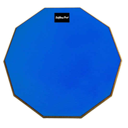 A blue, single-sided Softline Pro drum practice pad with a wooden rim