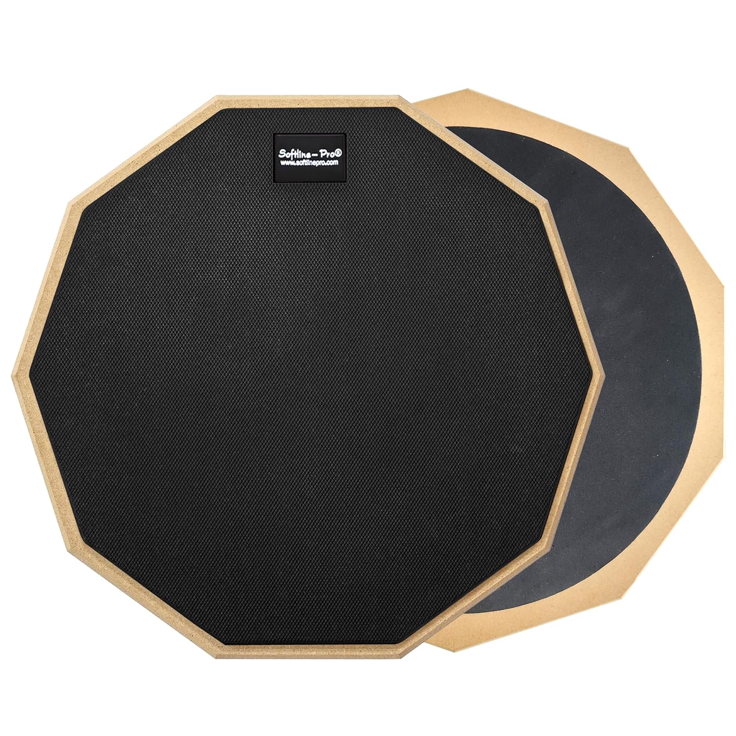Black drum practice pad with beige border on a white background