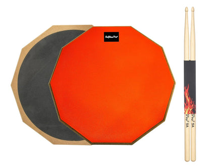 Orange and black drum practice pad with two drumsticks on a white background