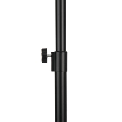 Black shower curtain rod with bracket on a white background