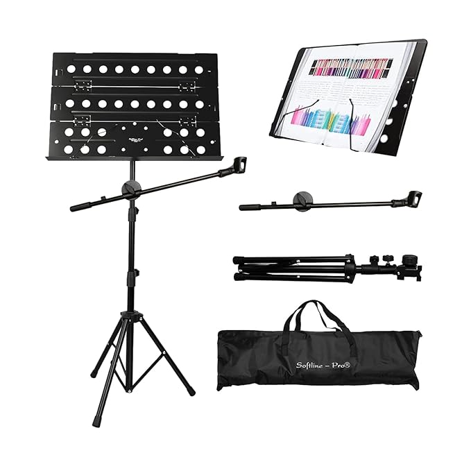 Softline Pro Foldable Music Stand, Portable Professional Notation Stand with Microphone Boom Arm and Carry Bag, 2 Steps Height Adjustable (SP 222)