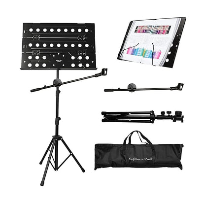 Softline Pro Foldable Music Stand, Portable Professional Notation Stand with Microphone Boom Arm and Carry Bag, 2 Steps Height Adjustable (SP 222)