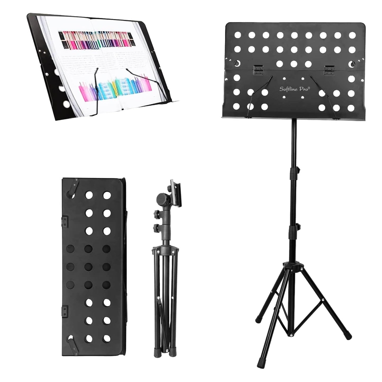 Softline Pro Metal Music Stand, Portable & Foldable Professional Perforated Notation Stand, Tabletop Music Book Stand for Guitar, Ukulele, Violin Players (SP02 - Two Fold)
