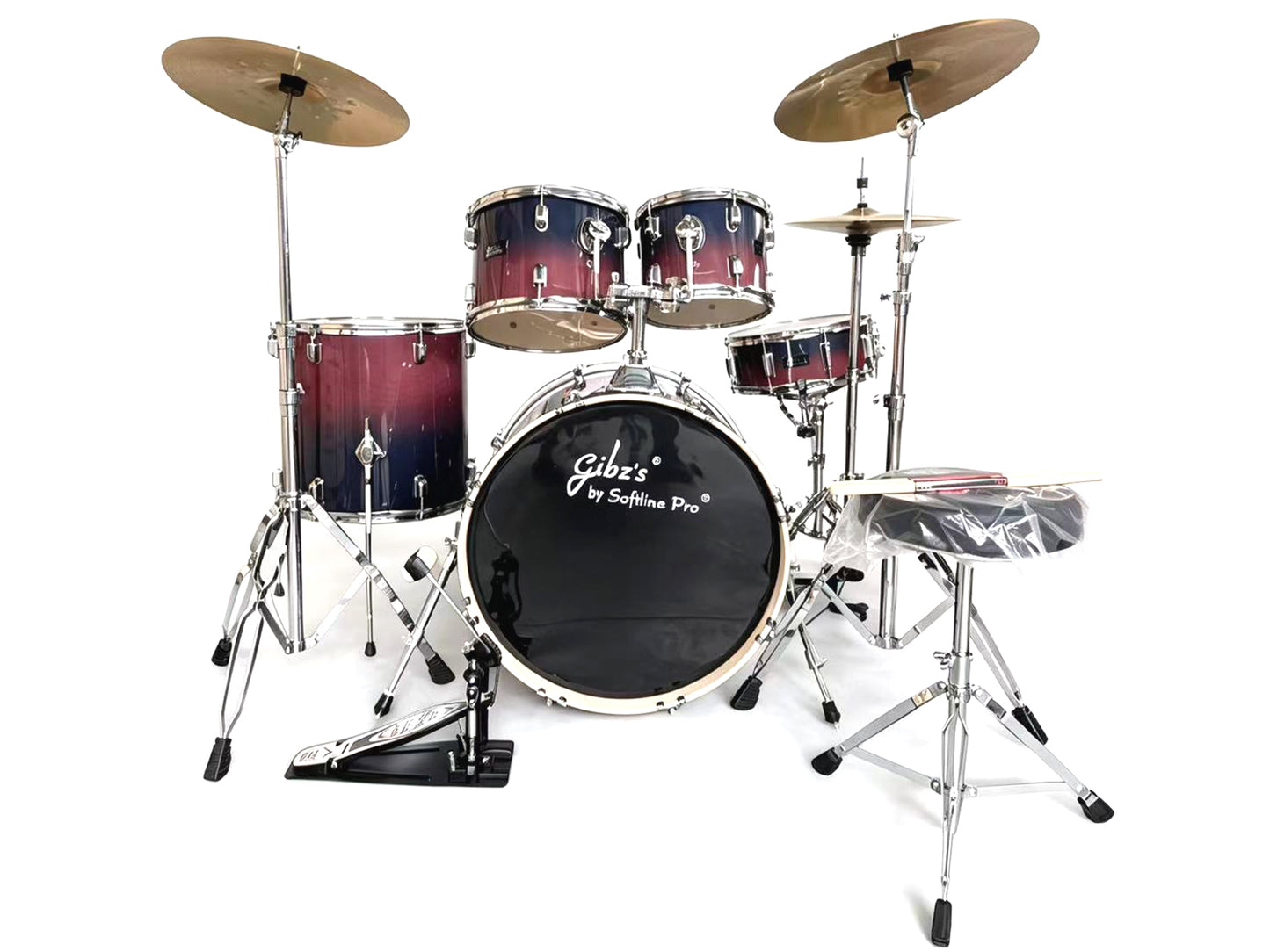 Gibz's 25mm Acoustic Drum Kit Set with 5-Piece Drum Set, Iron Cobra Single Bass Drum Pedal, Cymbals, Drum Throne, Hardware Pack & 5A Drumsticks Complete Professional Drum Set for Beginners, Students & Adults