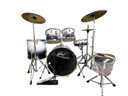 Gibz's 25mm Acoustic Drum Kit Set with 5-Piece Drum Set, Iron Cobra Single Bass Drum Pedal, Cymbals, Drum Throne, Hardware Pack & 5A Drumsticks Complete Professional Drum Set for Beginners, Students & Adults