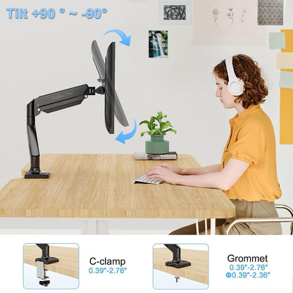 Softline Pro SP HMS1 Single Monitor Desk Mount, Gas Spring Single Arm Monitor Stand Desk VESA Mount for 13 to 32 Inch Screen with Clamp and Grommet Mounting Base