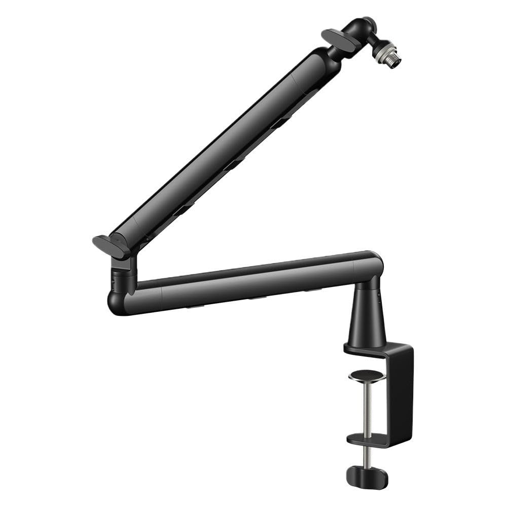 Adjustable black microphone boom arm with riser and desk clamp mount."