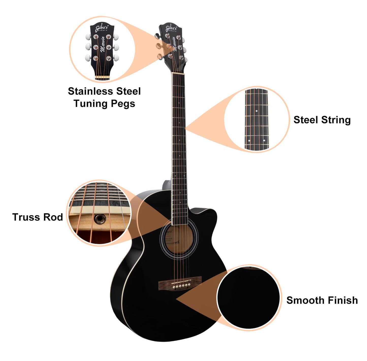 Gibz's Guitars Marvin 40" Full-Size Brown Acoustic Guitar Premium Cutaway Body High-Gloss Finish Bronze-Coated Strings Adjustable Truss Rod Die-Cast Tuning Keys Rosewood Bridge Ideal for Beginners, Students & Adults – GM 40 BK