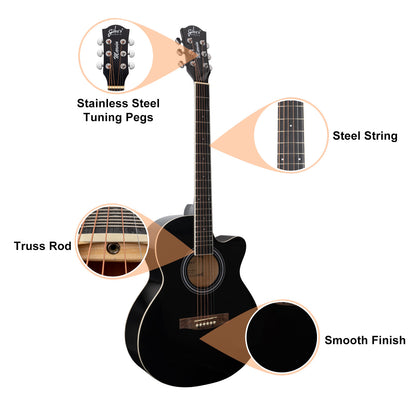 Gibz's Guitars Marvin 40" Full-Size Brown Acoustic Guitar Premium Cutaway Body High-Gloss Finish Bronze-Coated Strings Adjustable Truss Rod Die-Cast Tuning Keys Rosewood Bridge Ideal for Beginners, Students & Adults – GM 40 BK