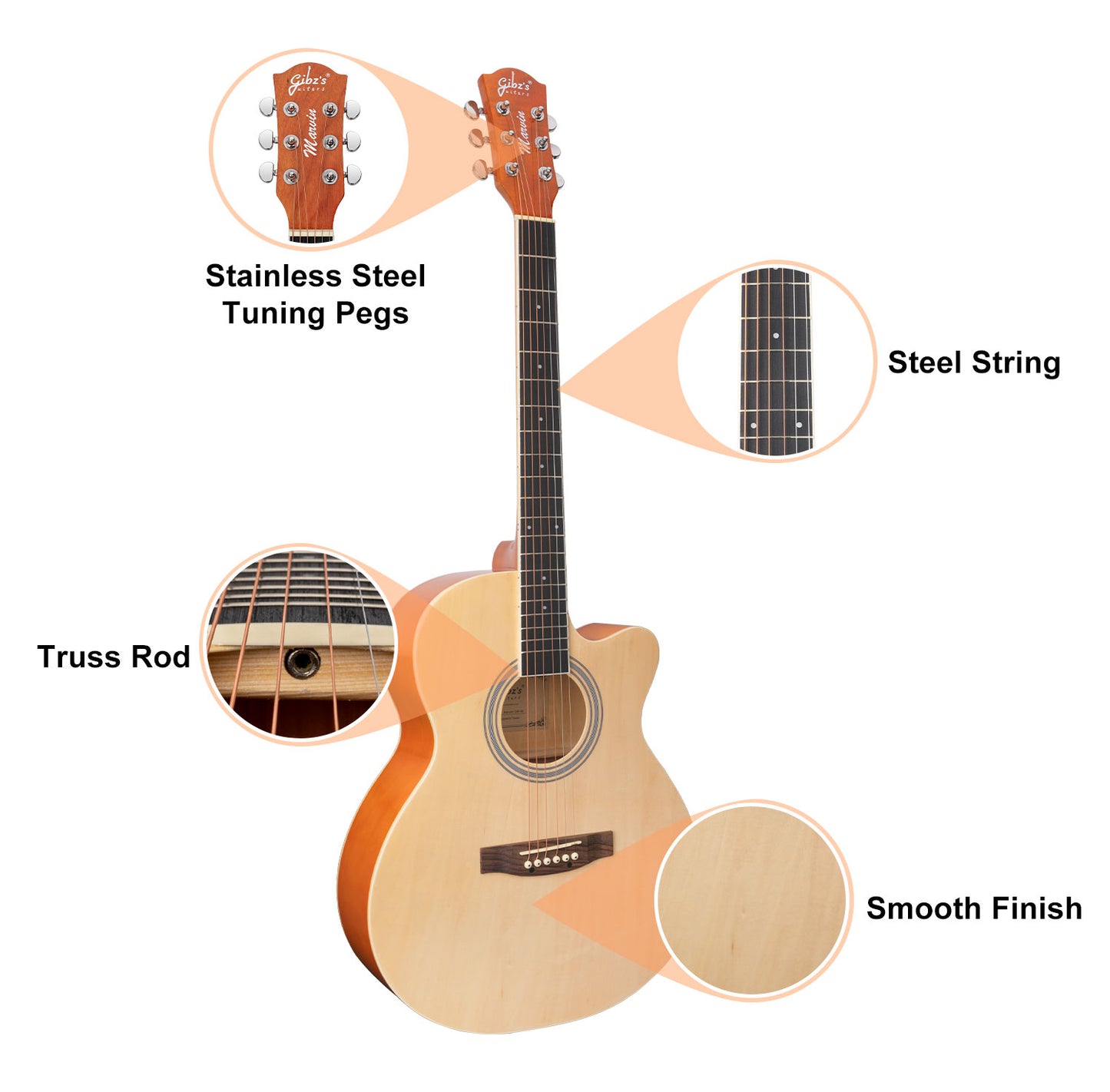 Gibz's Guitars Marvin 40" Full-Size Brown Acoustic Guitar Premium Cutaway Body High-Gloss Finish Bronze-Coated Strings Adjustable Truss Rod Die-Cast Tuning Keys Rosewood Bridge Ideal for Beginners, Students & Adults – GM 40 NT