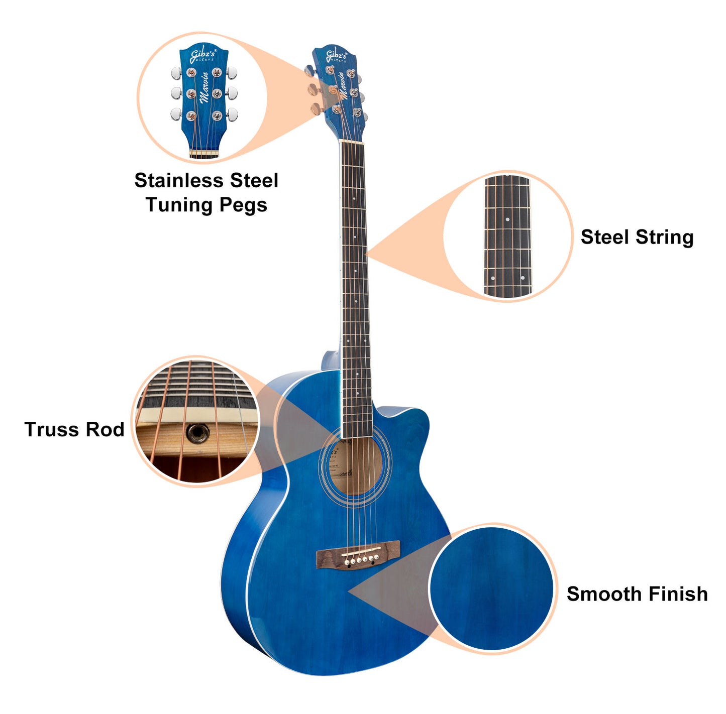 Gibz's Guitars Marvin 40" Full-Size Brown Acoustic Guitar Premium Cutaway Body High-Gloss Finish Bronze-Coated Strings Adjustable Truss Rod Die-Cast Tuning Keys Rosewood Bridge Ideal for Beginners, Students & Adults – GM 40 BL