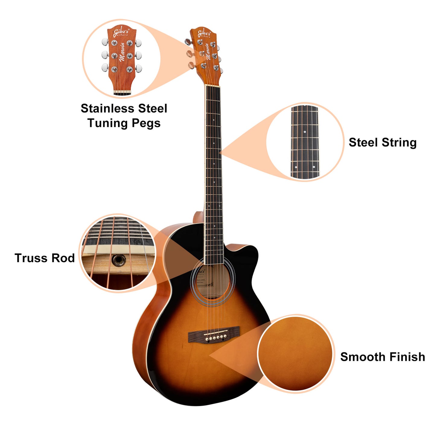 Gibz's Guitars Marvin 40" Full-Size Brown Acoustic Guitar Premium Cutaway Body High-Gloss Finish Bronze-Coated Strings Adjustable Truss Rod Die-Cast Tuning Keys Rosewood Bridge Ideal for Beginners, Students & Adults – GM 40 SB