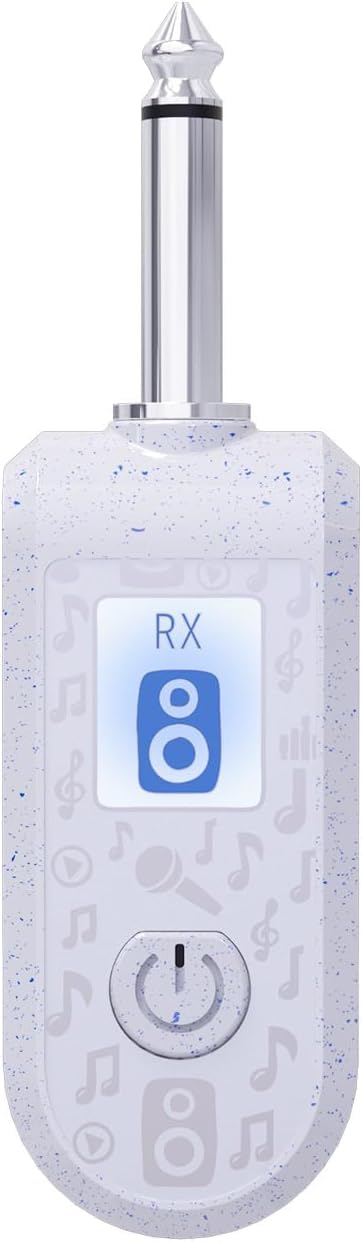 White wireless transmitter with 'RX' and power button on a white background