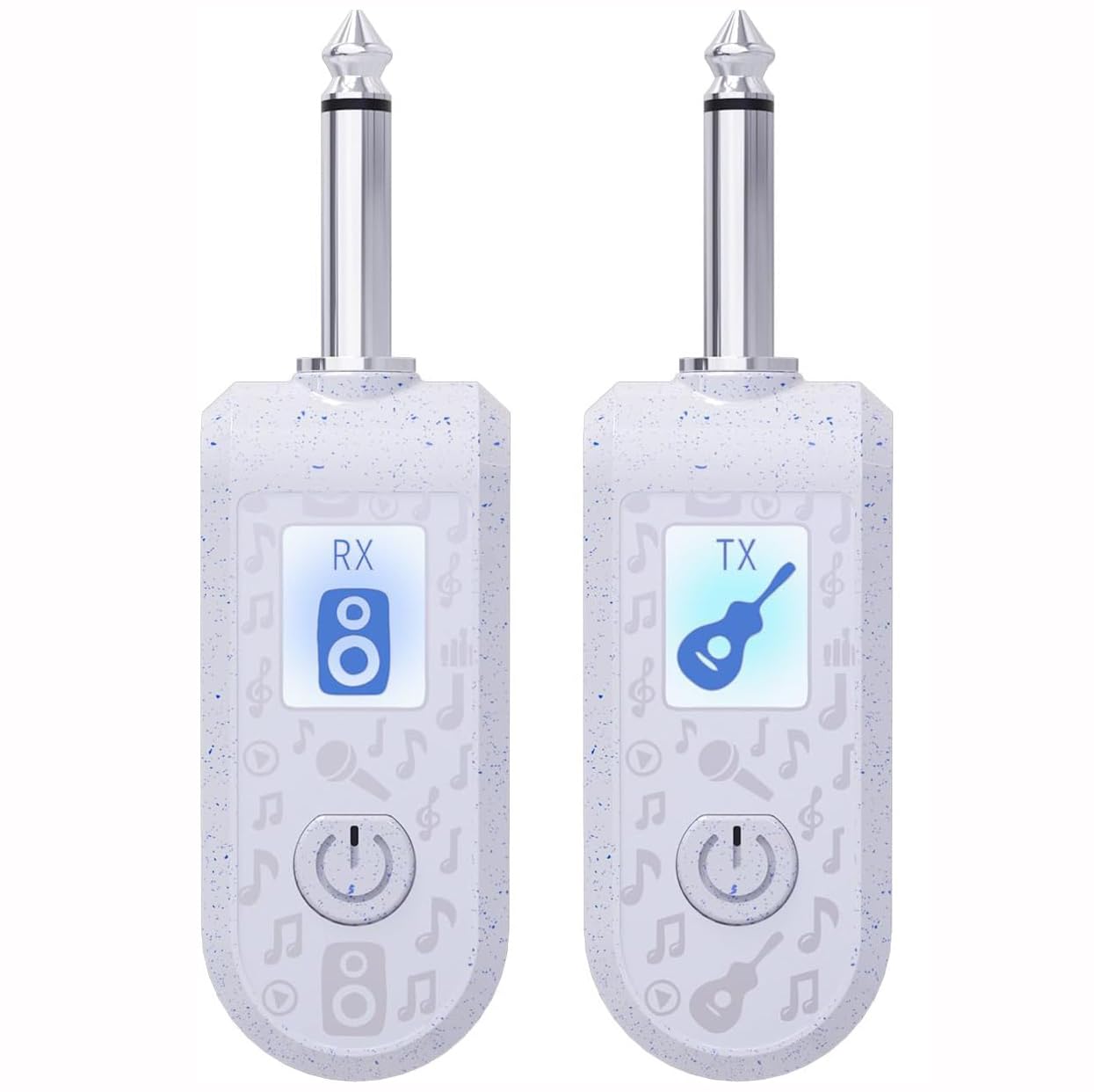 Two wireless guitar transmitters with 'TX' and 'RX' labels on a white background
