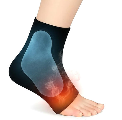 Black ankle support brace on a foot with a white background