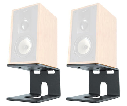 Pair of speakers with wooden finish on black stands against a white background