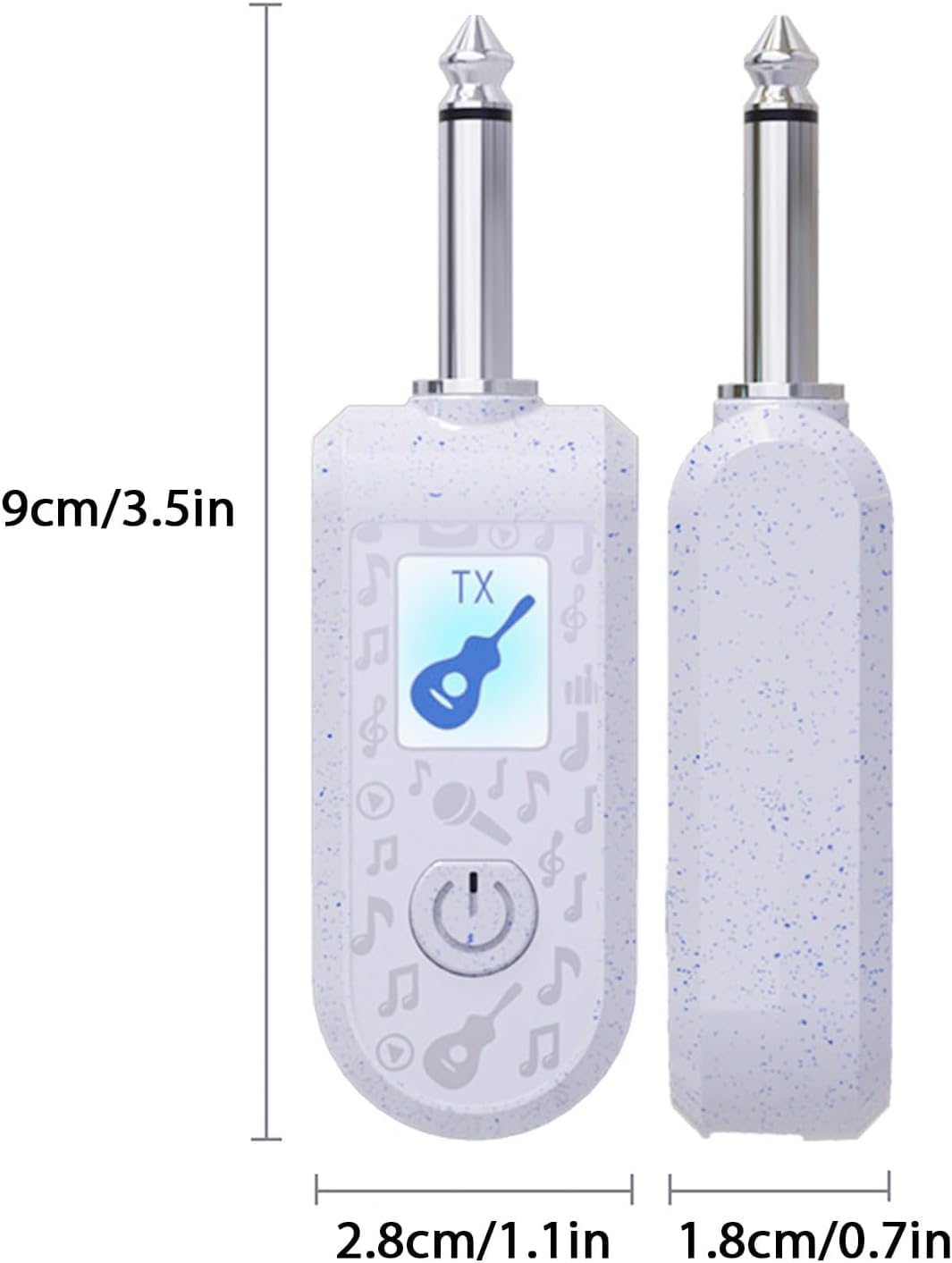 Two white wireless guitar transmitter and receiver units with a digital display on a white background.