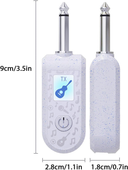 Two white wireless guitar transmitter and receiver units with a digital display on a white background.