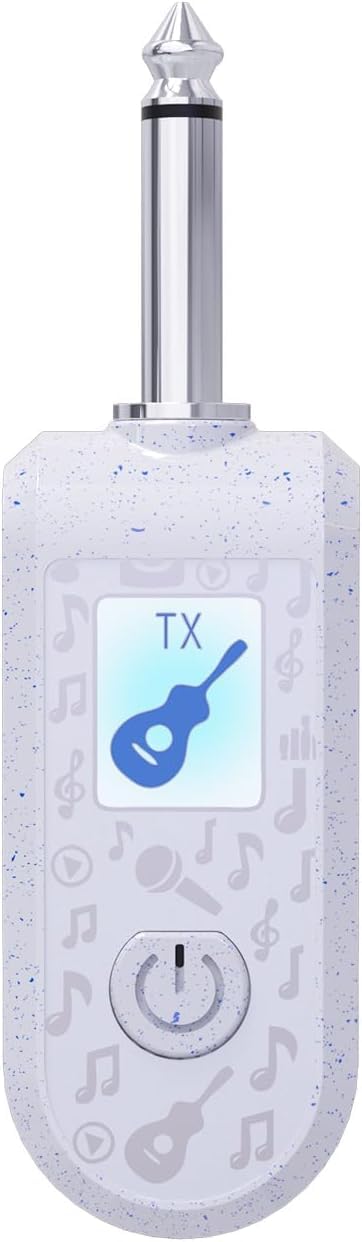 White wireless guitar transmitter with digital display on a white background