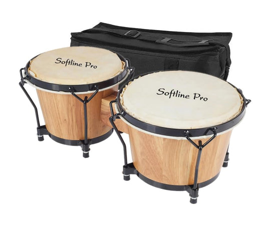 Softline Pro SP BNG NT Bongo Drum Set with Tuning Wrench & Padded Professional Wooden Percussion Instrument for Beginner Adults Kids - Natural Skin (Natural)