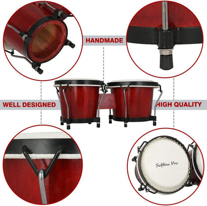 Softline Pro SP-BNG-RD Bongo Drum Set with Tuning Wrench & Padded Professional Wooden Percussion Instrument for Beginner Adults Kids - Natural Skin (Red)