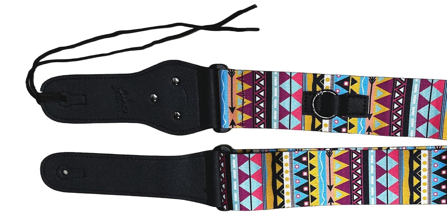 Two guitar straps with colorful geometric pattern on a white background