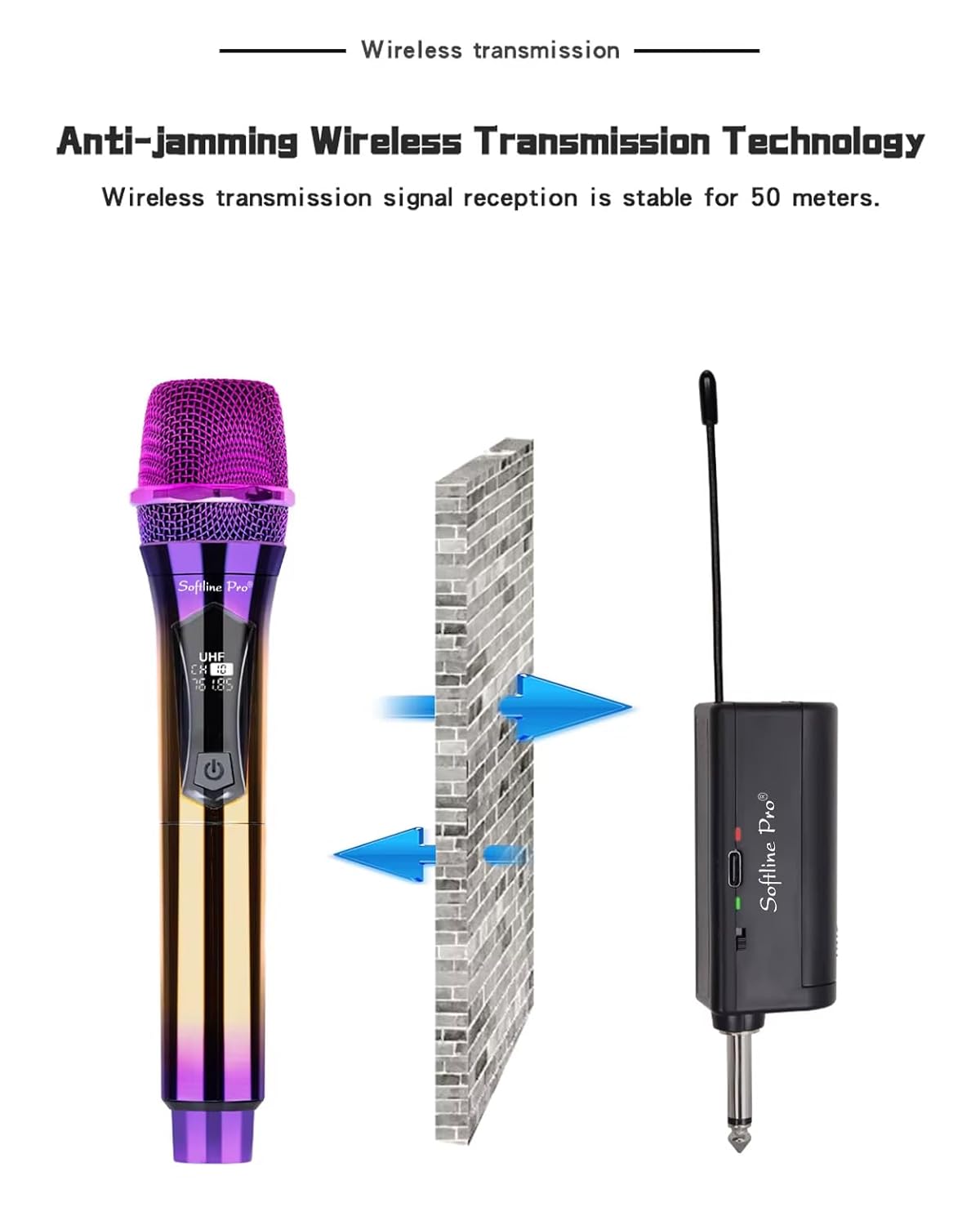Wireless microphone and receiver with anti-jamming wireless transmission technology on a white background.
