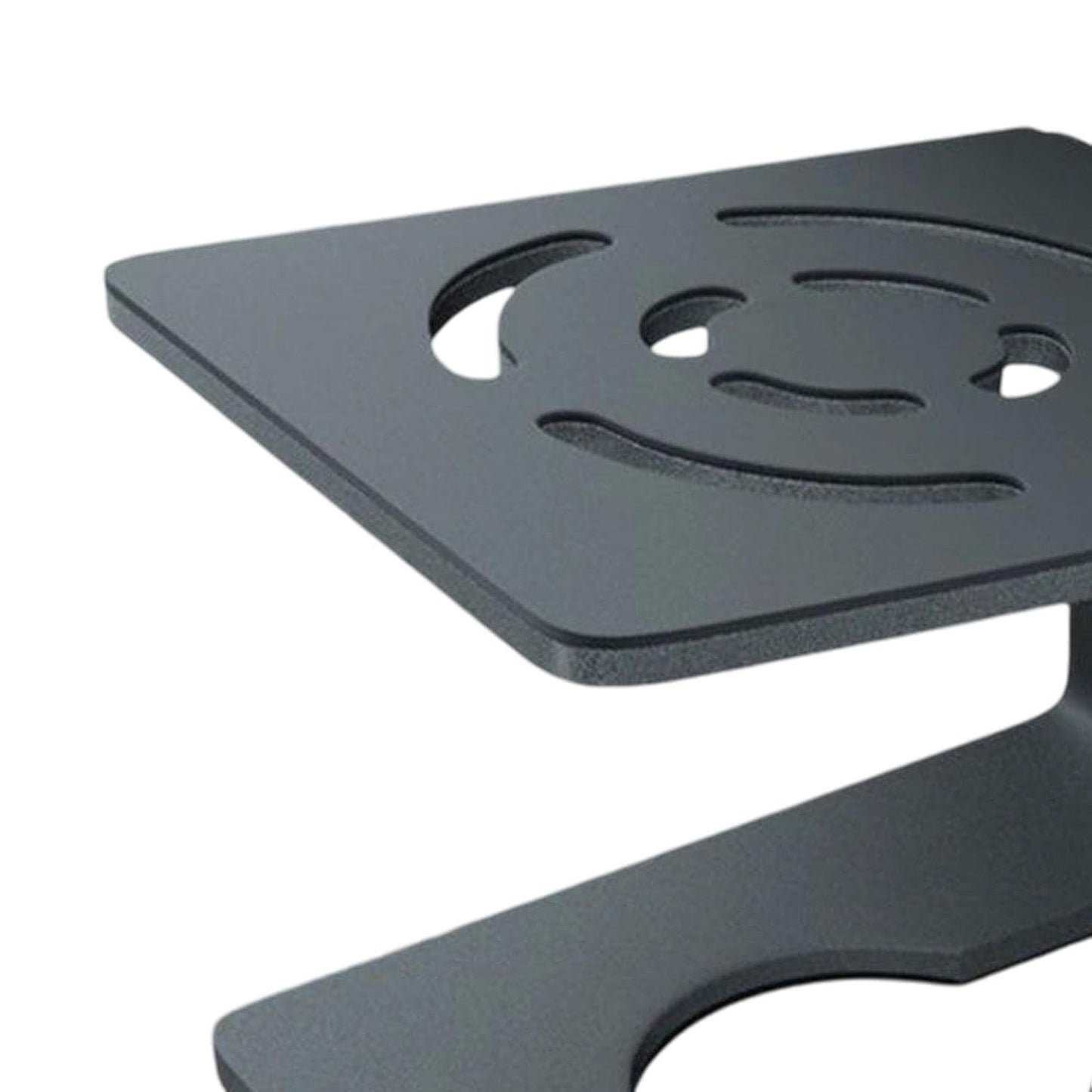 lack metal bracket with a smiley face design on a white background