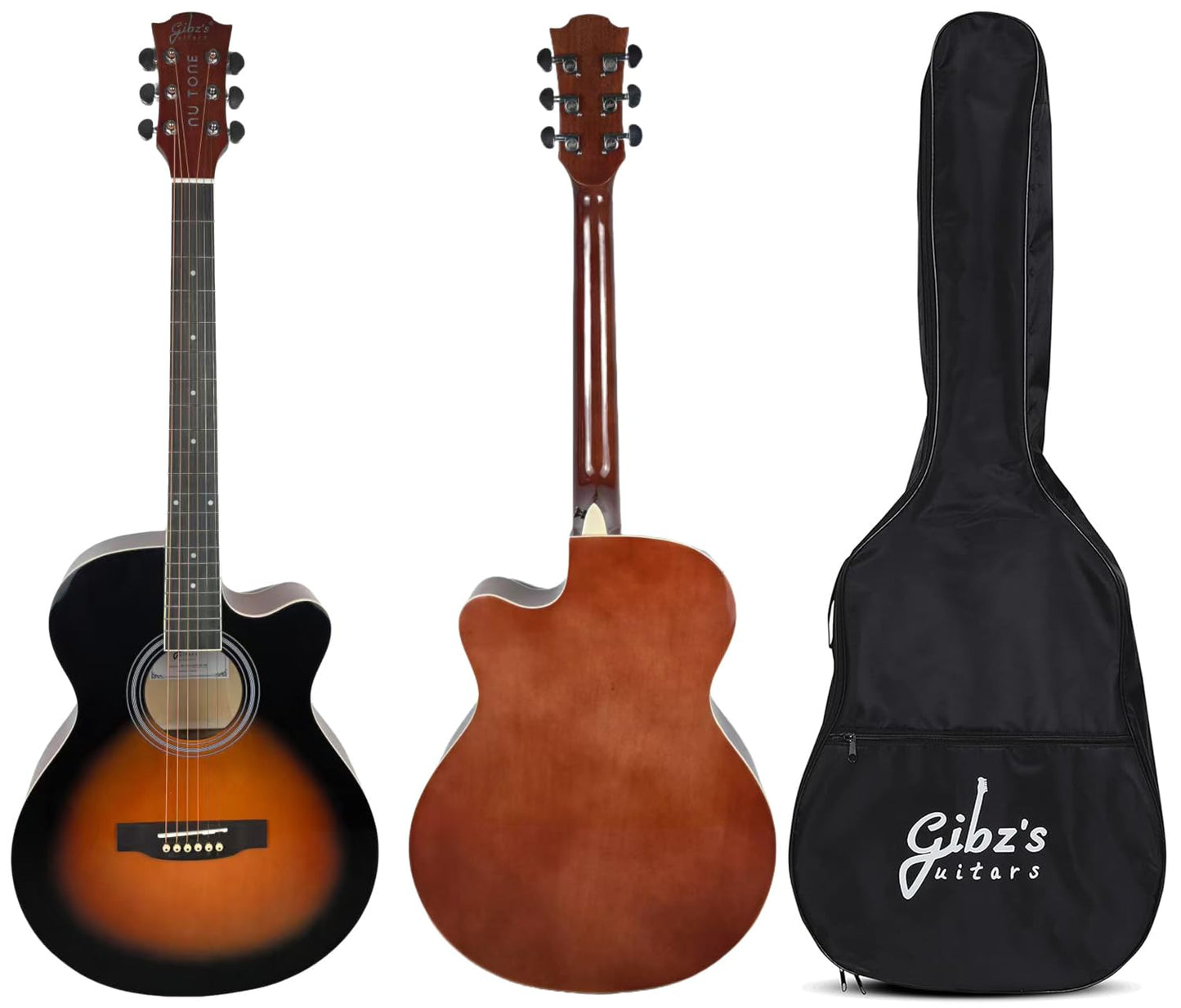 Gibz's Guitars NU TONE Series 40” Acoustic-Electric Guitar Full-Size Cutaway Body Linden Wood Construction Built-in Pickup Adjustable Truss Rod Smooth Playability with Zipper Gig Bag- GNT40 (GNT40-SB)