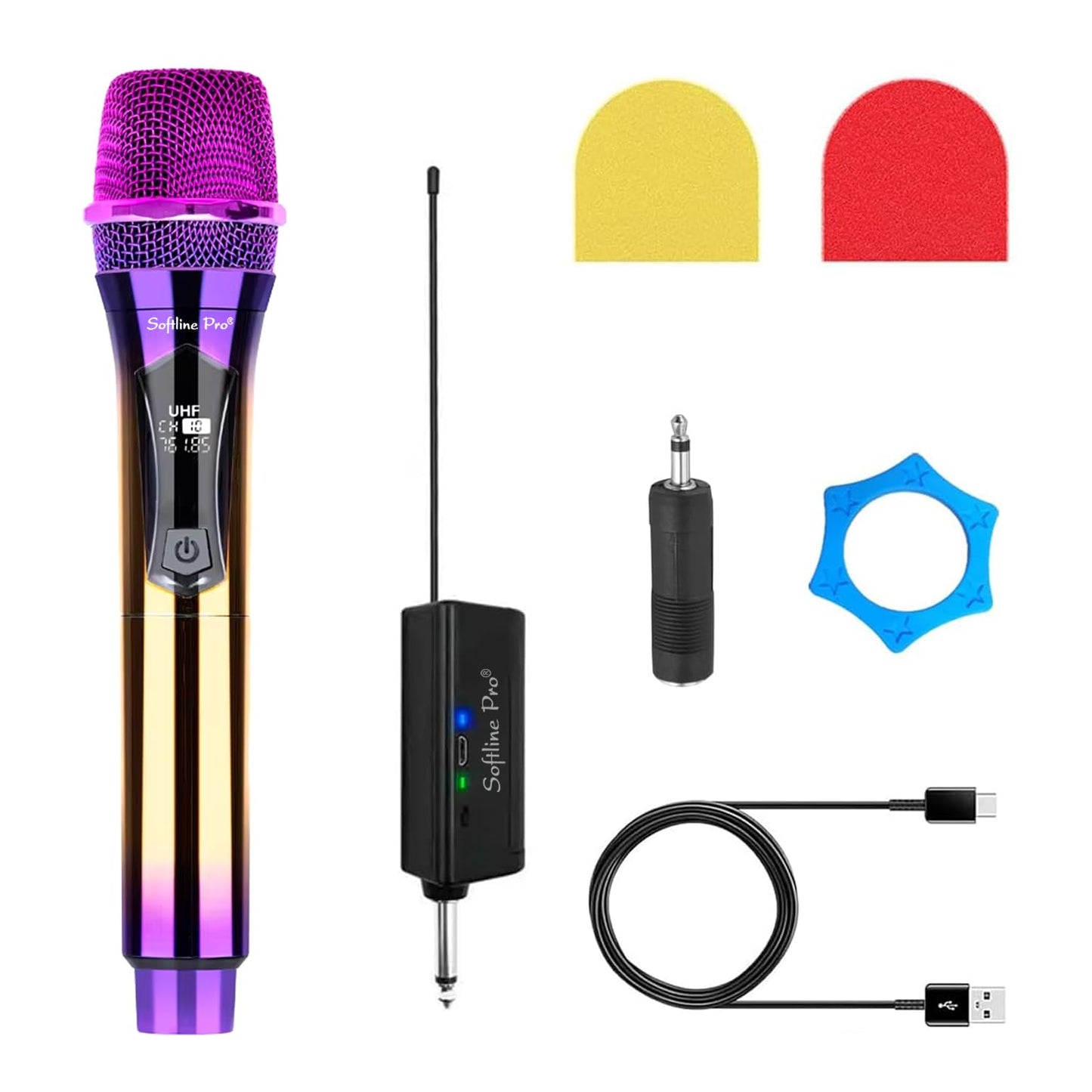 Wireless microphone set with accessories on a white background