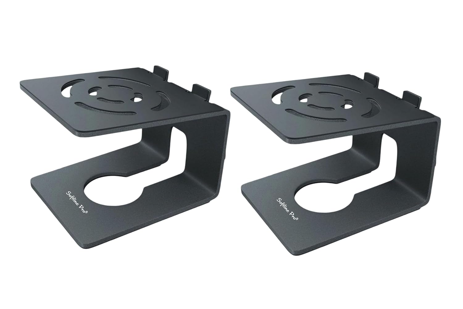 Two black metal brackets on a white background