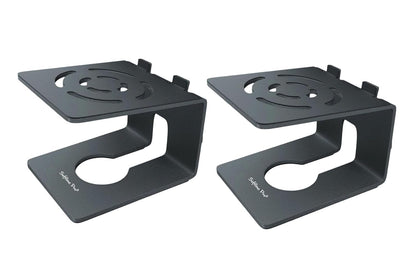 Two black metal brackets on a white background