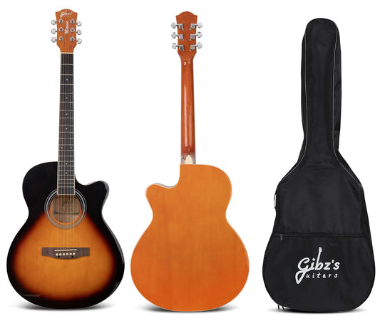 Gibz's Guitars Marvin 40" Full-Size Brown Acoustic Guitar Premium Cutaway Body High-Gloss Finish Bronze-Coated Strings Adjustable Truss Rod Die-Cast Tuning Keys Rosewood Bridge Ideal for Beginners, Students & Adults – GM 40 SB