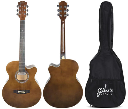 Gibz's Guitars NU TONE Series 40” Acoustic-Electric Guitar Full-Size Cutaway Body Linden Wood Construction Built-in Pickup Adjustable Truss Rod Smooth Playability with Zipper Gig Bag- GNT40 (GNT40-BR)