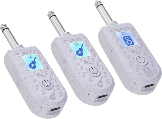 Three wireless guitar transmitting and receiving sets on a white background