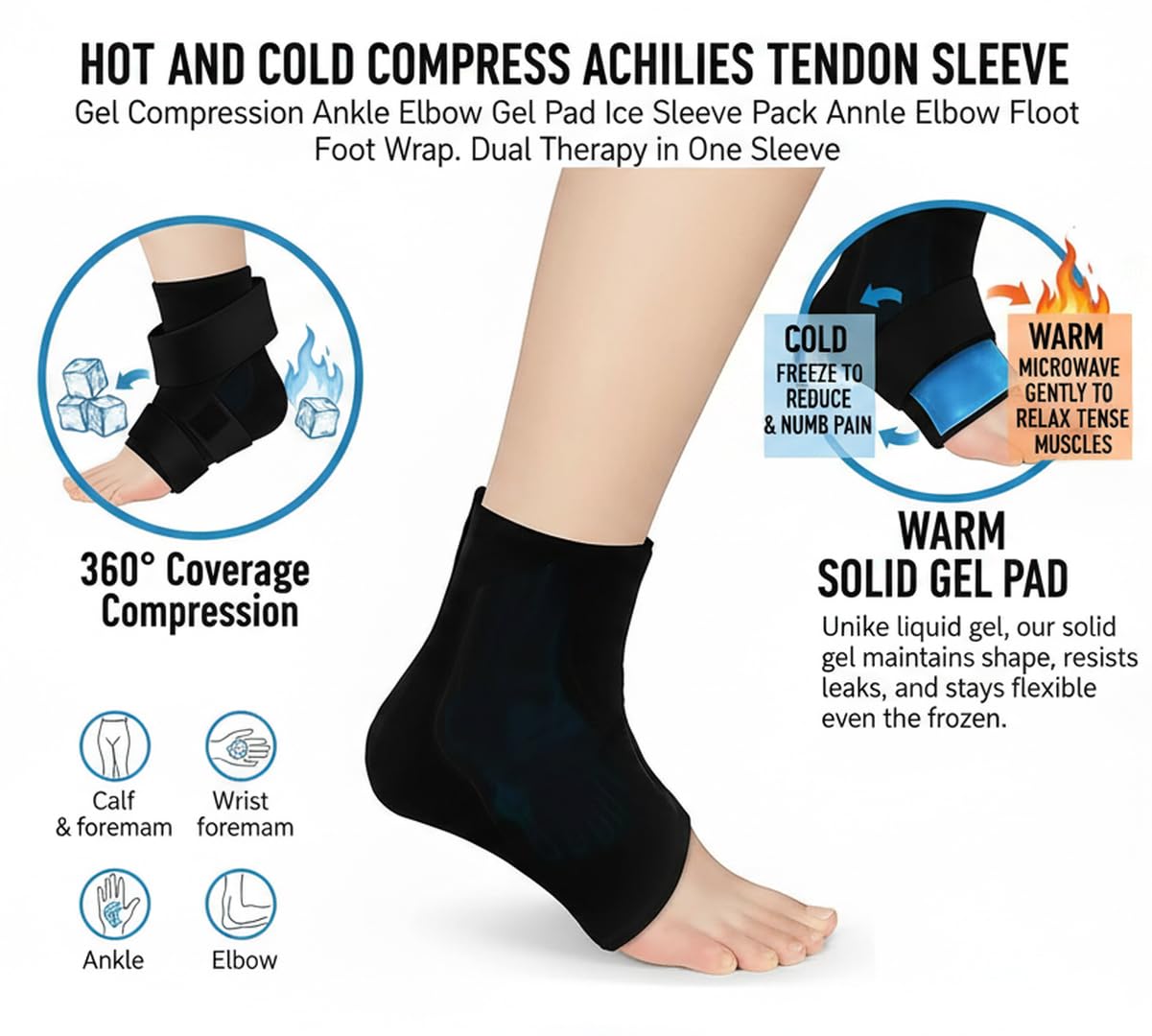 CHINEYA Hot and Cold Compress Achilles Tendon Sleeve Gel Compression Ankle Gel Pad Ice Sleeve Pack Ankle Foot Wrap (CH HC SOLID GEL - Ankle)