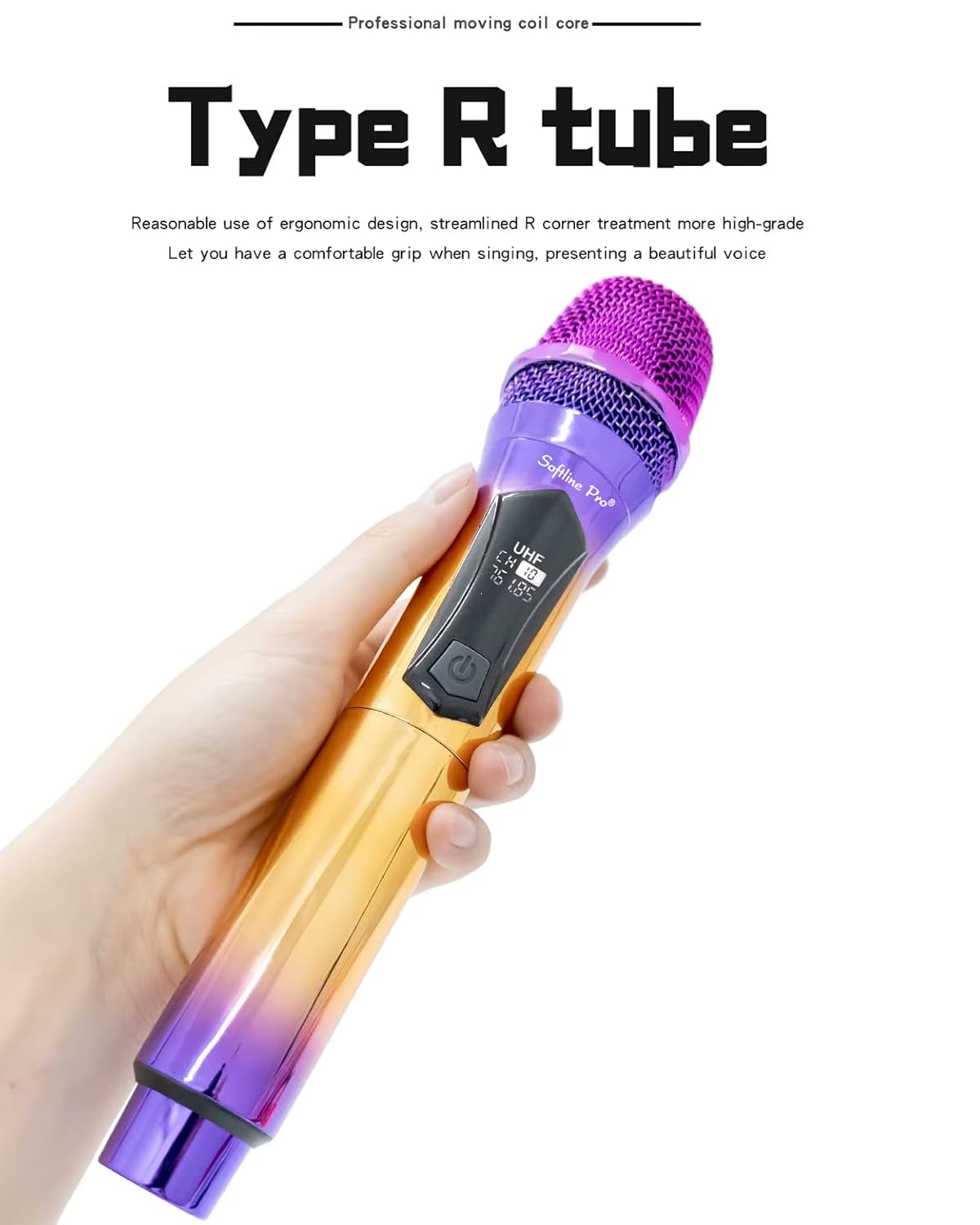 Gradient-colored microphone held by a hand with text about 'Type R tube' on a white background
