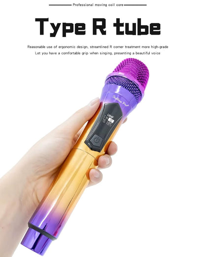 Gradient-colored microphone held by a hand with text about 'Type R tube' on a white background
