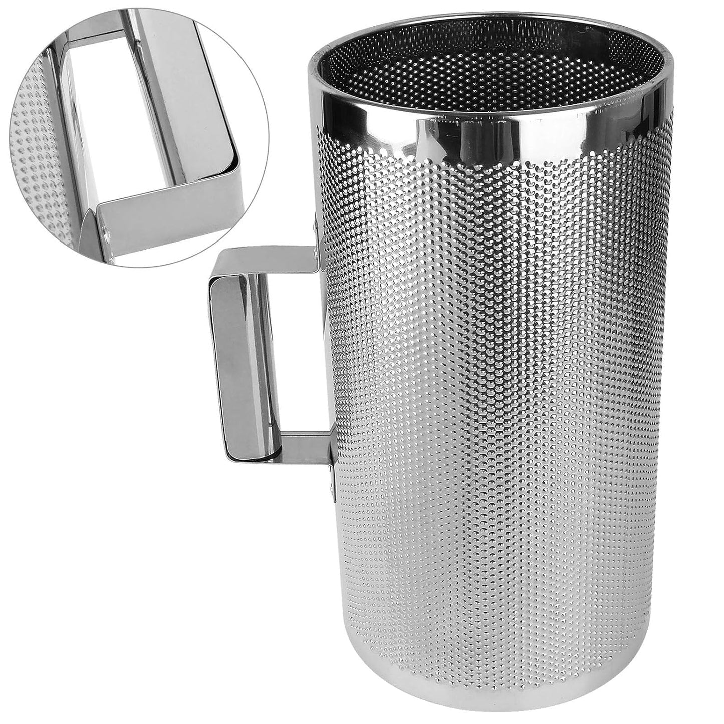 Metal mesh strainer with handle on a white background