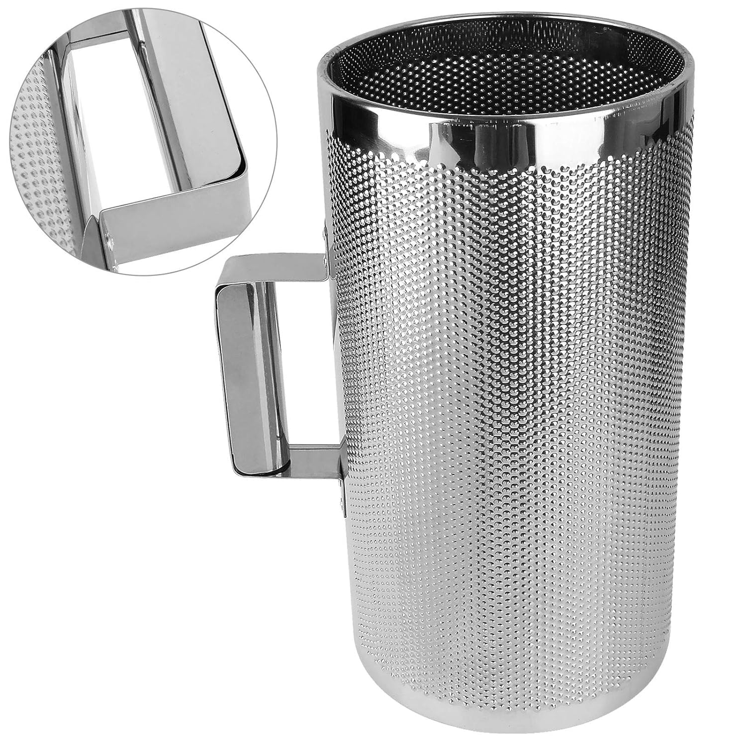 Metal mesh strainer with handle on a white background