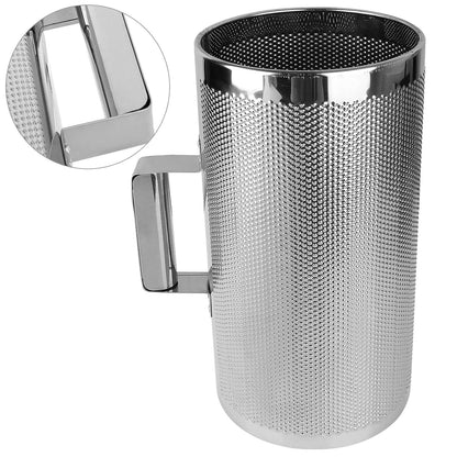 Metal mesh strainer with handle on a white background