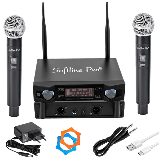 Softline Pro UHF Dual Wireless Microphone System – 30m Range, 8H Battery, XLR Output, Type-C Charging – Ideal for Singing, Karaoke, Churches & Live Shows (SP DUHF 300)